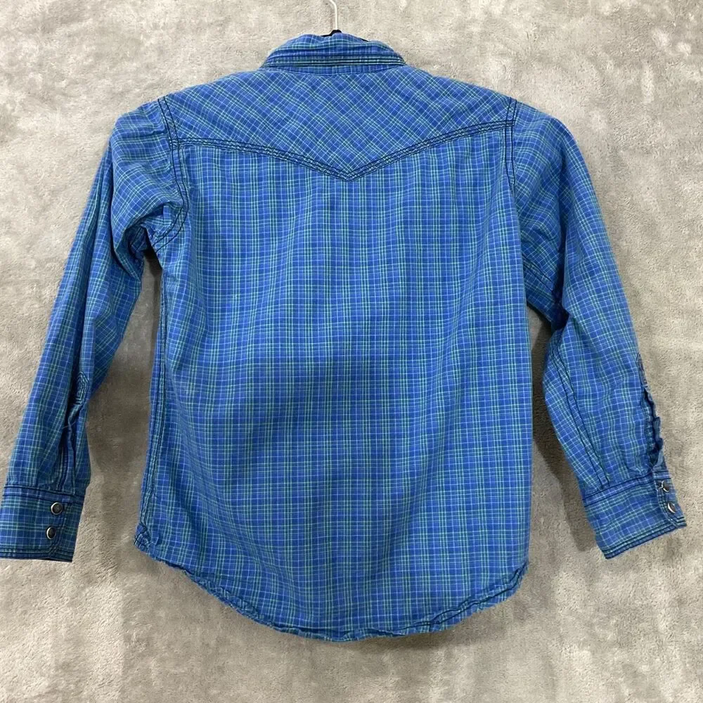 Wrangler Pearl Snap Western Shirt Youth boys size M 29” chest Blue plaid